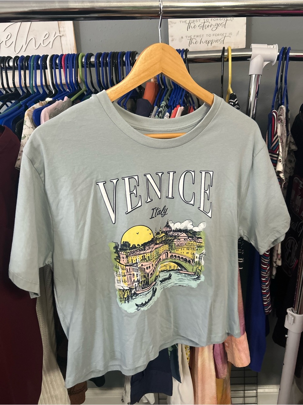 Venice Italy Graphic Crop Tee - Sage Green Has 2 Small Holes
